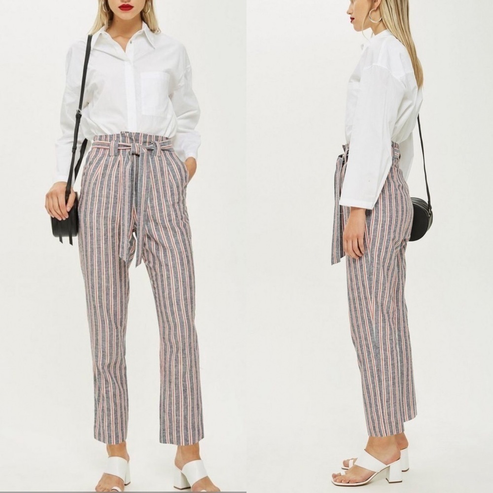 NWT High Waisted Belted Peg Trousers Size 0 Blue Red‎ White Linen Blend